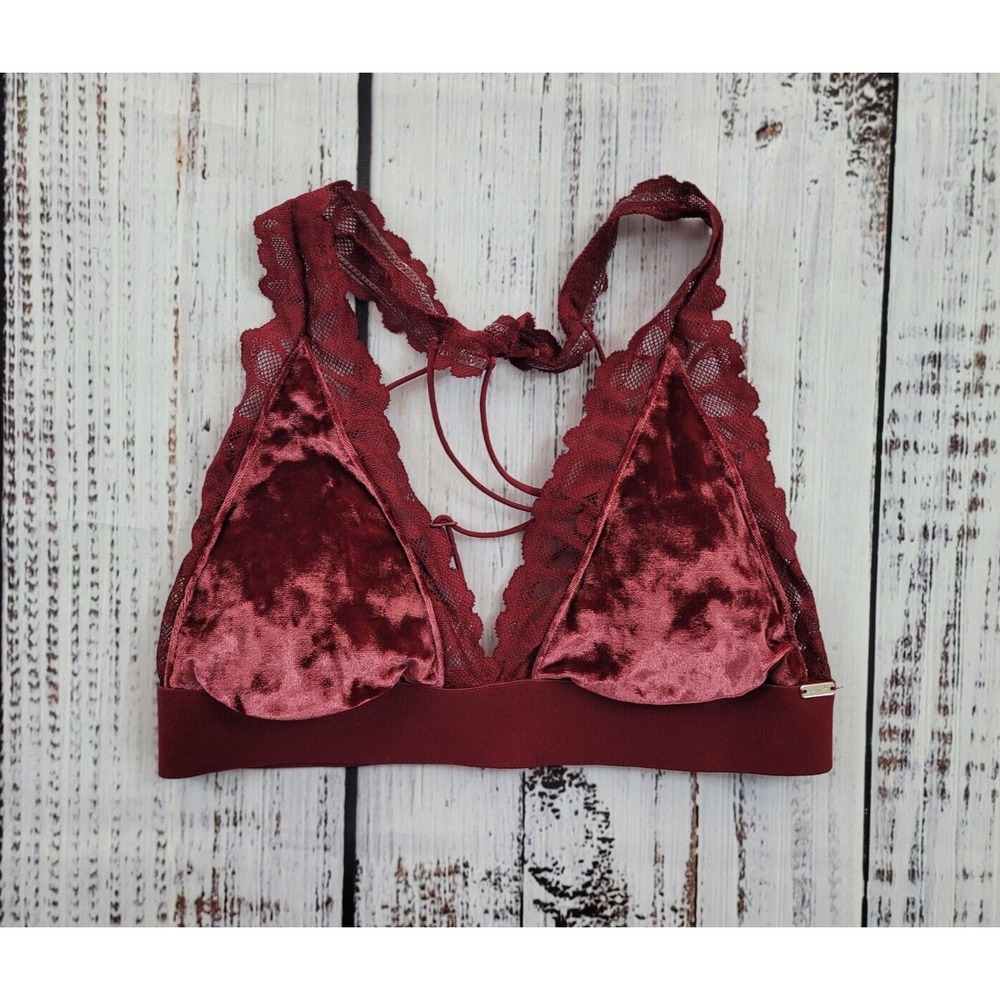 PINK Victoria's Secret Lace Trim Velvet Racerback Bralette Wine Red Size XS